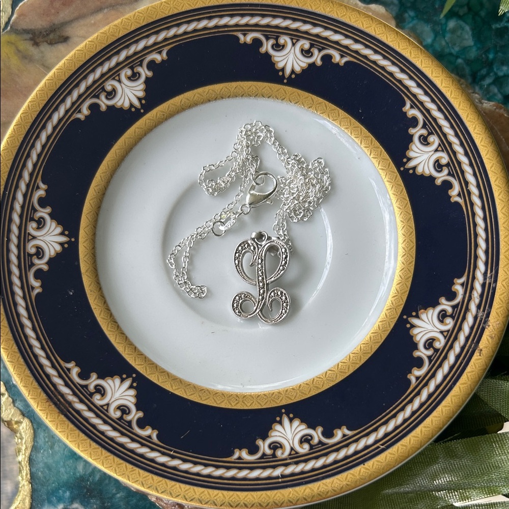 Vintage Silver Marcasite Script Initial L Pendant… - image 1